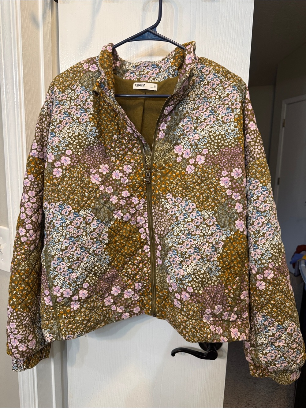 Sonoma Olive & Pink Floral Quilted Puffer Jacket